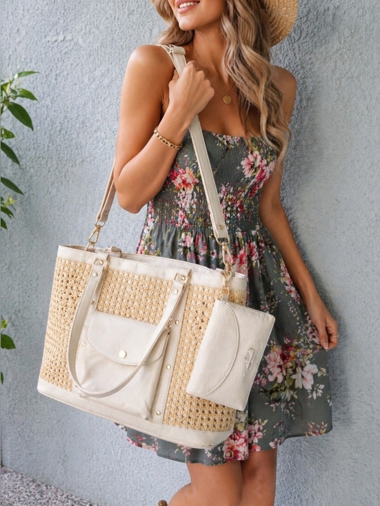 Rachel Zoe Handbags - Rachel Zoe Woven Straw Tote White Tan Beach Bag w/ Wallet Large